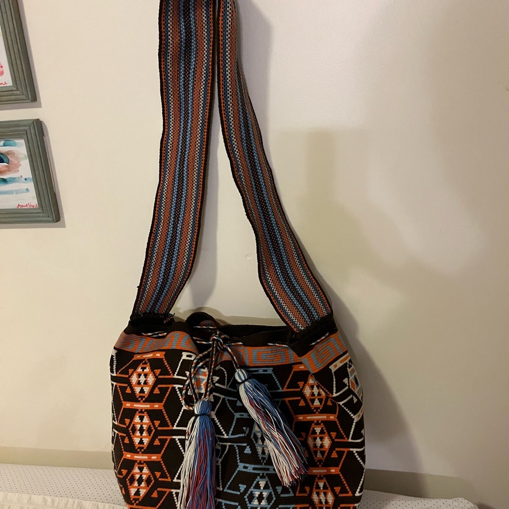 Geometric Patterned Shoulder Bag - Black, Orange,… - image 1